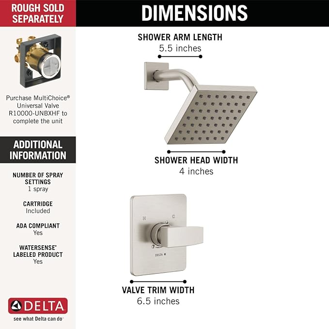 Delta Modern 14 Series Shower Faucet Set, Brushed Nickel Shower Head and Handle Set, Valve Trim Kit, Stainless T14267-SS-PP (Valve Not Included)