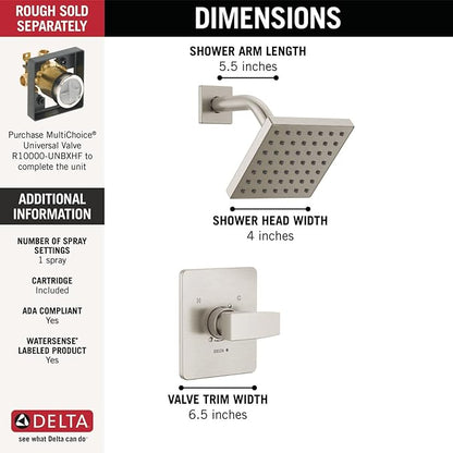 Delta Modern 14 Series Shower Faucet Set, Brushed Nickel Shower Head and Handle Set, Valve Trim Kit, Stainless T14267-SS-PP (Valve Not Included)