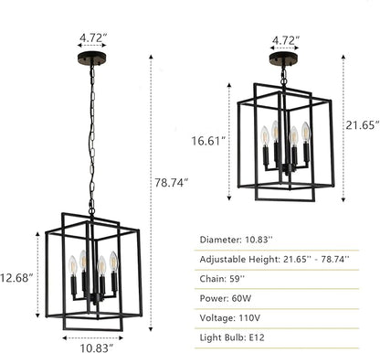 4-Light Vintage Black Chandelier, Foyer Lighting Fixtures Farmhouse Chandeliers for Dining Room, Modern Industrial Lantern Pendant Light for Kitchen Island Entryway Stairway
