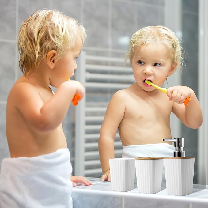 Bathroom Accessory Set, 9-Piece White Bathroom Set with Trash Can, Tray, Soap Dispenser, Toothbrush Holder, Toothbrush Cup, Soap Dish, Toilet Brush and Q-tip Holders for Bathroom/Housewarming