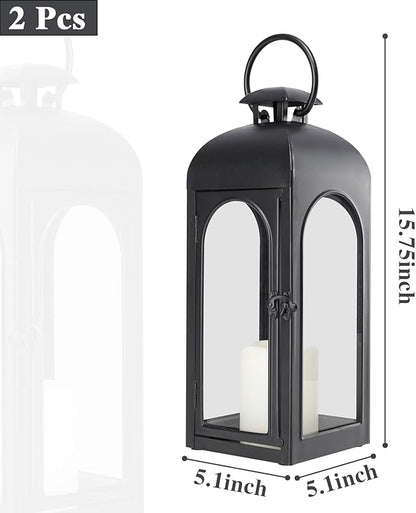 Bdor 2 Pack 16 Inches Metal and Tempered Glass Decorative Lantern with Electronic Wax Effect - Indoor/Outdoor Decorative Lighting, Handcrafted Aesthetic, Perfect for Home, Parties, and Holiday Decor