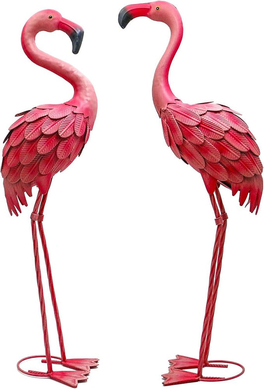 YOUKI Metal Yard Art Flamingo Decor Pink Flamingos for Yard Garden Statues Red Flamingo Yard Art Outdoor Sculptures for Outside Home Patio Lawn Ornaments Backyard Decor, Set of 2