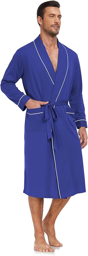 COLORFULLEAF Mens 100% Cotton Robes Lightweight Summer Long Bathrobe Sleepwear Soft Knit Spa Robe with Pockets