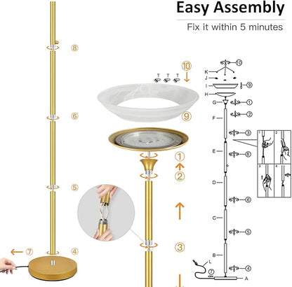 BoostArea Torchiere Floor Lamp, 24W Super Bright LED Standing Lamp, 3000K Stepless Dimmable Pole Lamp with Rotary Switch, 70 Inch Tall Metal Modern Floor Lamps for Living Room/Bedroom/Office/Den, Gold