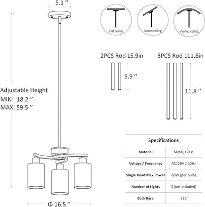 3-Light Brushed Nickel Pendant Lighting for Kitchen Island, Hanging Dining Room Light Fixtures Over Table, Industrial Chandelier for Entryway Hallway Foyer Bedroom, Clear Glass Shade