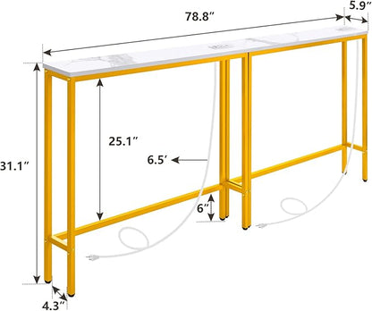 ELYKEN 2 Pack 5.9" Narrow Console Sofa Table with Power Outlets and USB Port, 5.9" Dx39.4 Wx31.1 H Marble Texture Skinny Couch Table with Golden Metal Frame