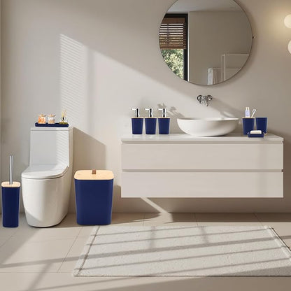 Bathroom Sets with Shower Curtain and Rugs, 27PCS Navy Blue Bathroom Accessories Set with Trash Can, Green Shower Curtain Set, No Slip Super Absorbent Bathroom Rugs