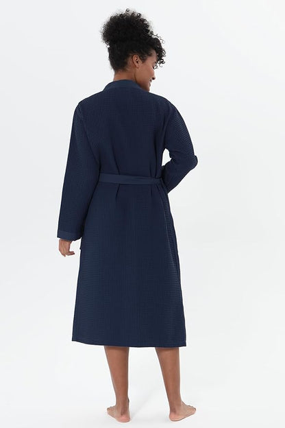 Women’s Luxury Waffle Shawl Collar, Hooded Robe w Piping – Lightweight, Long, Ultra Soft Spa Sleepwear Bathrobe