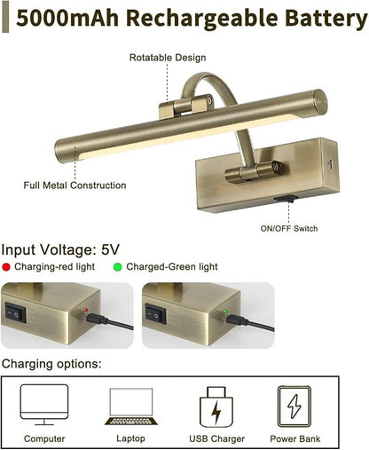 Wireless Picture Lights Rechargeable Gallery Lighting Battery Picture Frame Light with Remote and Timer, Adjustable Art Light for Paintings, Portraits, Antique Bronze Finish 12'' Inch 2W 2700K