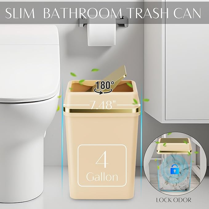 9PCS Bathroom Accessory Set, Beige Bathroom Set with Large-Capacity 4 Gallon Trash Can, Bathroom Accessories Set Complete, Toothbrush Holder, Soap Dispenser, Toilet Brush, Bathroom Decor