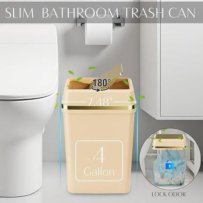 9PCS Bathroom Accessory Set, Beige Bathroom Set with Large-Capacity 4 Gallon Trash Can, Bathroom Accessories Set Complete, Toothbrush Holder, Soap Dispenser, Toilet Brush, Bathroom Decor