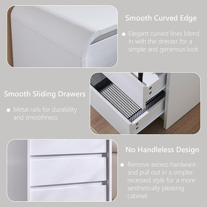 25" Tall Modern Nightstand with Charging Station, 23.6'' Wide Wood Bedside Table w/3 Storage Drawers, Small Dresser w/Curved Profile Design, End Table for Bedroom, White