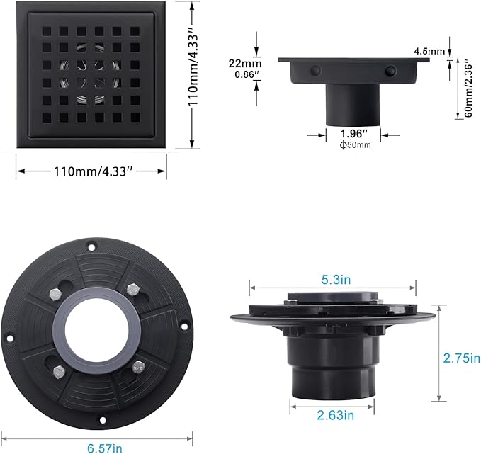 4" Matte Black Shower Floor Drain Square for Bathroom Kitchen Removable Grill Plate Cover with Flange Kit, Sus304 Stainless Steel Finish