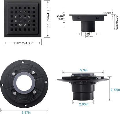 4" Matte Black Shower Floor Drain Square for Bathroom Kitchen Removable Grill Plate Cover with Flange Kit, Sus304 Stainless Steel Finish