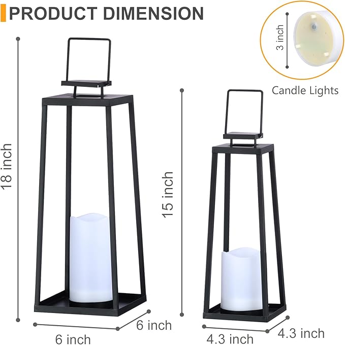 Solar Lantern Decorative Outdoor Set of 2 (18’’ & 15’’) Modern Black Metal Lanterns with Solar Candles, Decorative Candle Lanterns for Outdoor Porch, Patio, Garden, Yard Decor