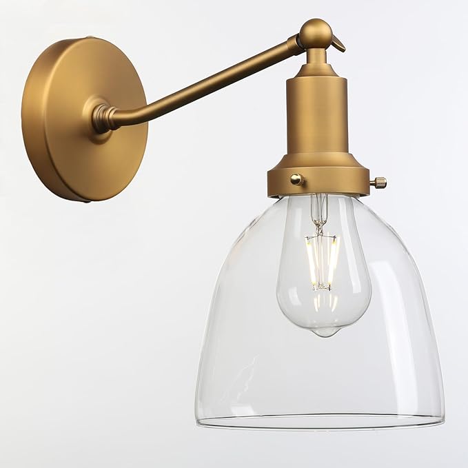 PERMO Industrial Vintage Slope Pole Wall Mount Single Sconce with 6.7" Oval Dome Clear Glass Shade Wall Sconce Light Fixture (Antique Gold)