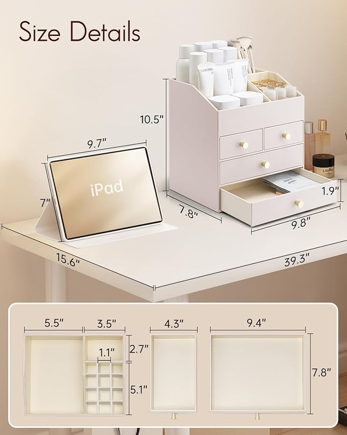 Vlando Makeup Organizer Countertop,Large Vanity Organizer PU Leather Make up Storage with 4 Drawers Skincare Organizer Cosmetic Display Case for Lipstick,Brushes-Apricot White