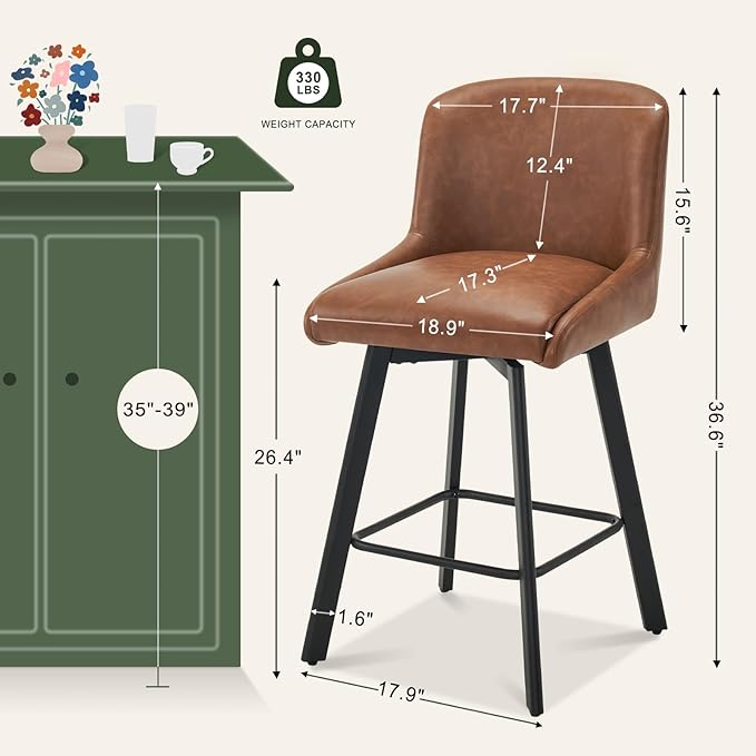 Swivel Bar Stools Set of 2, 26''H Upholstered Barstools with Backs, Modern Counter Height Bar Stool Chairs for Kitchen Island, Metal Legs, Faux Leather, Brown Counter Stools