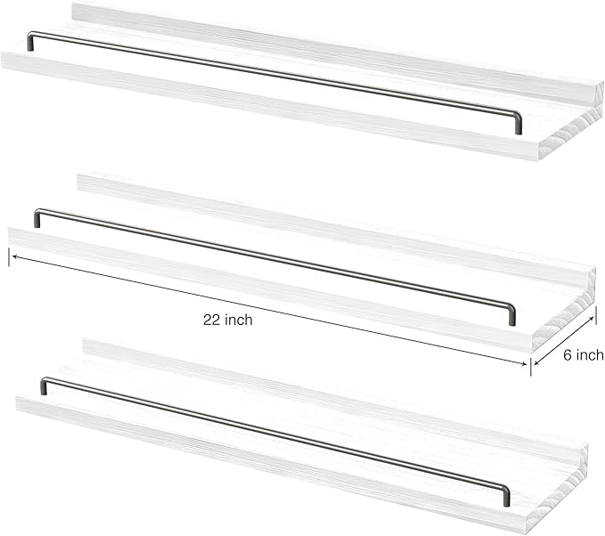22 inches Long Floating Shelves, Bathroom Decor Shelves Over Toilet, Farmhouse Wall Shelves for Living Room, Bedroom, Picture Frames, Plants, Kitchen, Set of 3 (White and Black)