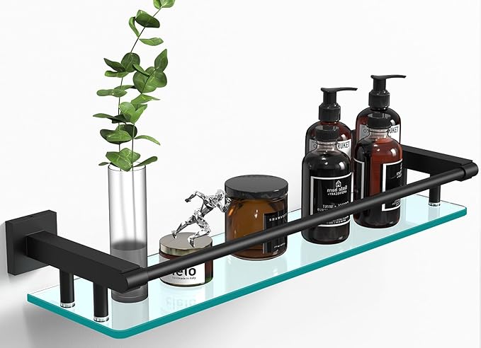 Bathroom Glass Shelf 20IN Rectangular Stainless Steel Tempered Glass Shelves Modern Stainless Steel Wall Mount Bathroom Shelf (Matte Black, 20‘’)