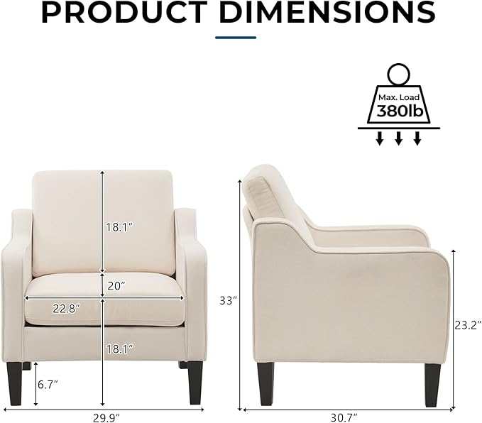 VINGLI Mid Century Modern Accent Chair, Beige Fabric Accent Chairs for Living Room Upholstered Armchair Sofa with Scooped Arms for Bedroom, Apartment, Studio, Office, Waiting Room