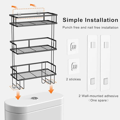 Over The Toilet Storage Shelf, 3-Tier Bathroom Storage Organizer Upgrade Punch-Free Toliet Storage Shelf, Home Storage Rack with Hooks Shelf,Black