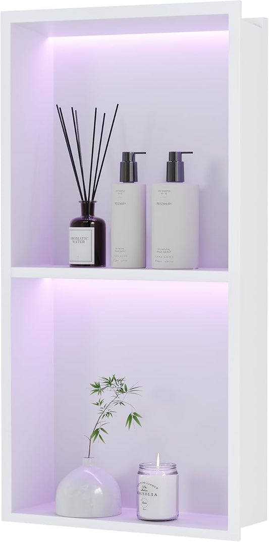 Stainless Steel Shower Niche 12" X 24", No Tile Needed Wall Niche with RGB Led Light, Recessed Shower Shelf for Bathroom Storage Over Mount Installation, Matte White