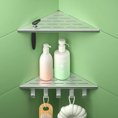10‘’ Corner Shower Shelf, 304 Stainless Steel Shelves for Bathroom, Grout in Shelf with Hooks for Tiled Wall (Brushed)