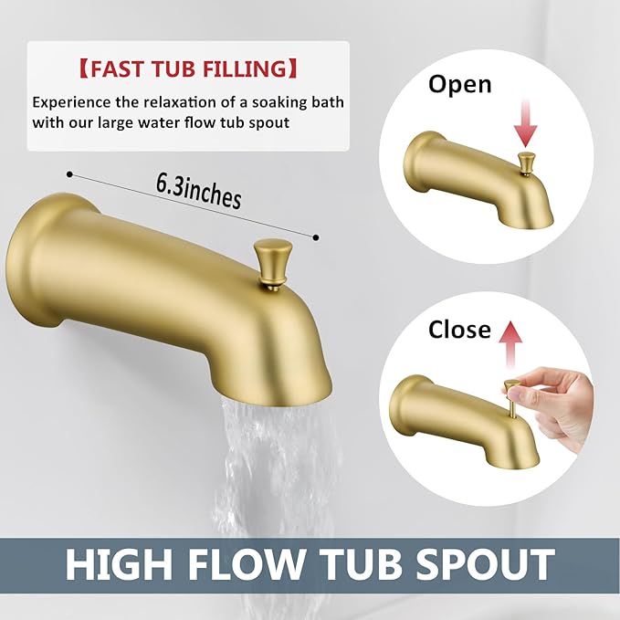 Aolemi Tub Shower Faucet Set with Tub Spout Rain Shower Head System Shower Trim Kit Pressure Rough-in Valve Included ABS 8 Setting Dual Shower Head and Handheld Spray Brushed Gold