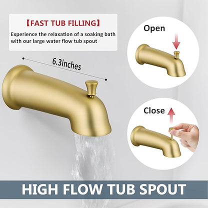 Aolemi Tub Shower Faucet Set with Tub Spout Rain Shower Head System Shower Trim Kit Pressure Rough-in Valve Included ABS 8 Setting Dual Shower Head and Handheld Spray Brushed Gold