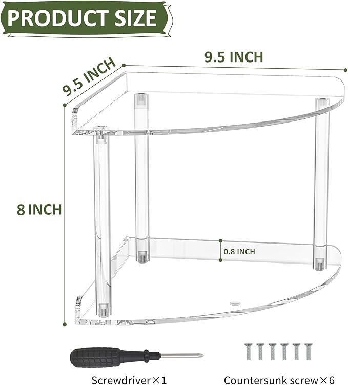 2 Tier Acrylic Corner Shelf Organizer Storage 9.5x9.5x8 Inch, Transparent Countertop Corner Shelf for Bathroom, Kitchen, Bedroom, Office, Study Room