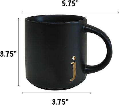 COLLECTIVE HOME - Black Monogram Ceramic Mugs, 15 oz Golden Initial Coffee Cups, Elegant Alphabet Tea Mugs, Personalized Halloween Mug with Gift Box, Perfect for Office and Home Décor (j)