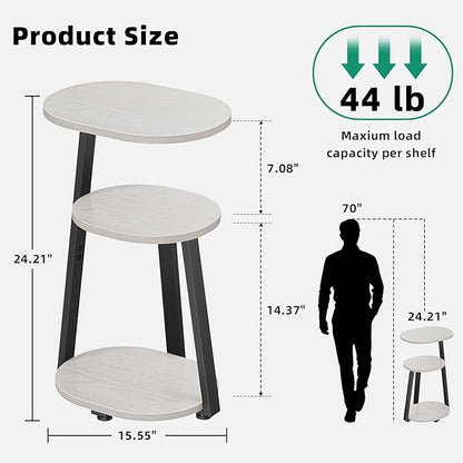 Side Table, Small End Table with Metal Frame, 3-Tier Bedside Tables, Round Side Tables for Living Room Bedroom Couch Bathroom, Oval, White Maple