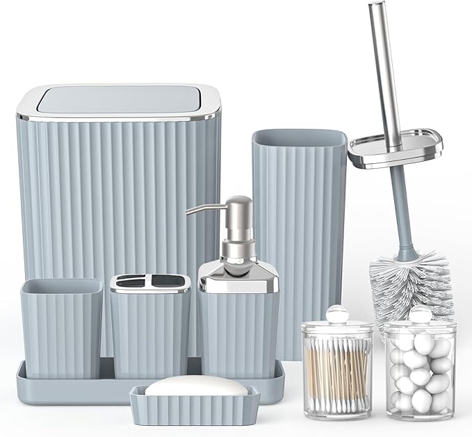Umimile Grey Bathroom Accessories Set, 9-Piece Bathroom Set with Toothbrush Holder, Toothbrush Cup, Soap Dispenser, Soap Dish, Vanity Tray, Toilet Brush Holder, Qtip Holder and Trash Can