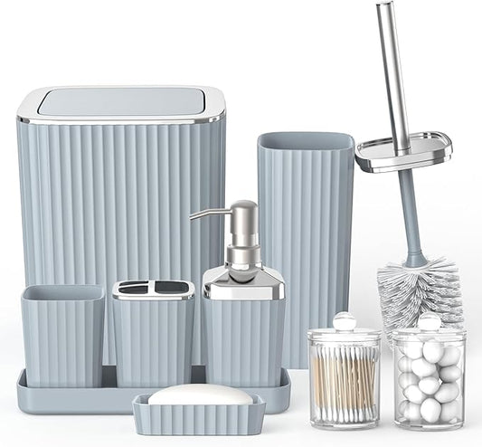 Umimile Grey Bathroom Accessories Set, 9-Piece Bathroom Set with Toothbrush Holder, Toothbrush Cup, Soap Dispenser, Soap Dish, Vanity Tray, Toilet Brush Holder, Qtip Holder and Trash Can