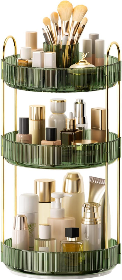 360° Rotating Makeup Organizer, Upgraded 3 Tier Skincare Perfume Organizers for Women, Bathroom Organizer Countertop, Clear Cosmetic Dresser Organizer with Makeup Brush Holder, Sink&Counter (Green)
