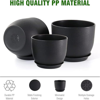 10/9/8 inch Medium Plant Pots, 3 Pack Modern Decorative Plastic Planters with Drainage Holes and Saucers, Flower Pots for Indoor Outdoor Plants, Black