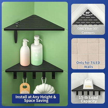 10‘’ Corner Shower Shelf, 304 Stainless Steel Shelves for Bathroom, Grout in Shelf with Hooks for Tiled Wall (Matte Black)