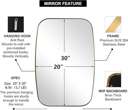 ANDY STAR Gold Bathroom Mirror, 20x30’’ Brushed Gold Vanity Mirror for Bathroom, Brushed Brass Oblong Stainless Steel Metal Frame Mirror for Over Sink