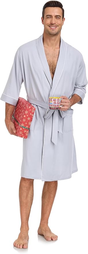COLORFULLEAF Men's Bathrobes 100% Cotton Soft Comfort Breathable Short Sleeve Summer Kimono Mens Lightweight Robe