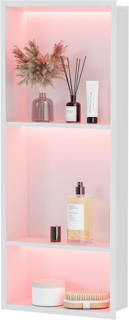 Stainless Steel Shower Niche 12" X 30", No Tile Needed Wall Niche with RGB Led Light, Recessed Shower Shelf for Bathroom Storage Over Mount Installation, Matte White