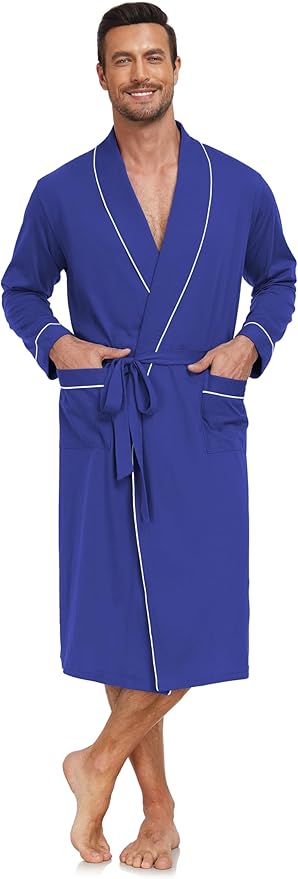 COLORFULLEAF Mens 100% Cotton Robes Lightweight Summer Long Bathrobe Sleepwear Soft Knit Spa Robe with Pockets