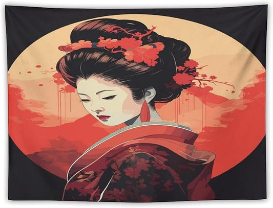 Japanese Woman Geisha Tapestry Asian Cherry Blossom Red Sun Traditional Kimono Folk Tapestries Home Decor for Living Room Bedroom Apartment Farmhouse Dorm 60"x40"