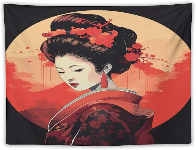 Japanese Woman Geisha Tapestry Asian Cherry Blossom Red Sun Traditional Kimono Folk Tapestries Home Decor for Living Room Bedroom Apartment Farmhouse Dorm 80"x60"