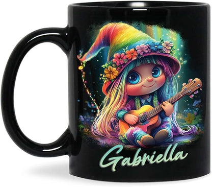 Customized Adorable Gnome With Guitar Mug 11oz 15oz, Personalized Name Coffee Cup, Gnome And Northern Lights Mug, Custom Whimsical Music Ceramic Cup, Gnome Black Mug Gift For Kids