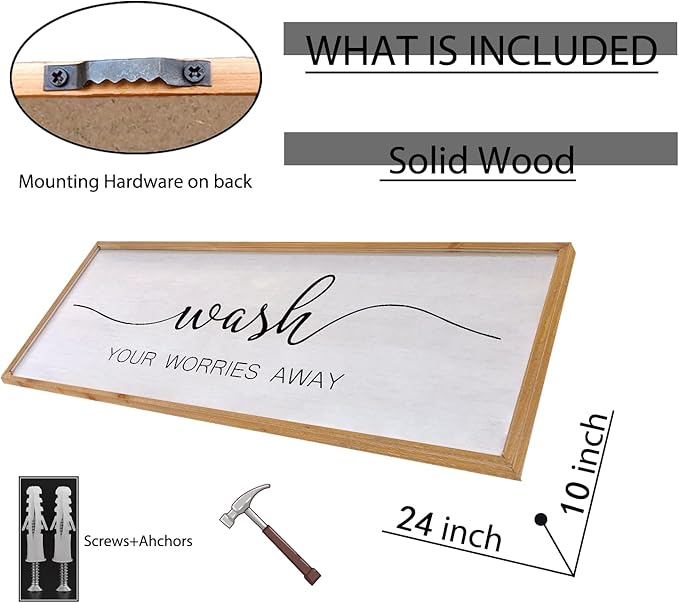 Wash Your Worries Away Bathroom Wall Art 24×10 Inch Wood Framed Decor Funny for Laundry Room Restroom Modern Rustic Inspirational Sign (Wood)