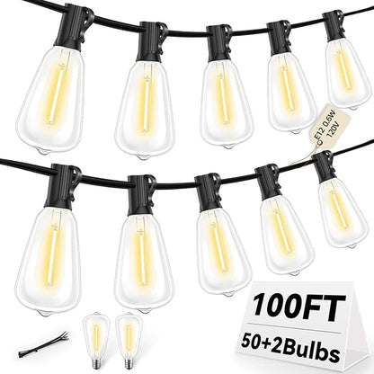 ST38 100FT LED Outdoor String Lights with 50 Shatterproof ST38 Bulbs+2 Spares, 2700K Warm White – for Backyard, Patio, Garden, Wedding, Party, Christmas, Porch, Deck, Gazebo, Bistro, Camping Decor