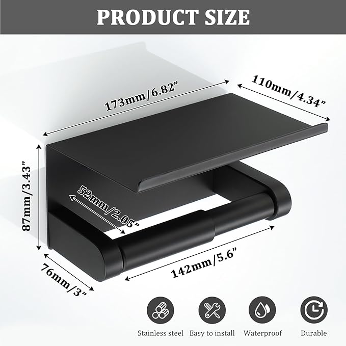 Alise Black Toilet Paper Holder,Bathroom Adhesive Toilet Paper Holder SUS304 Stainless Steel Toilet Paper Roll Holder with Shelf Spring Loaded Tissue Holder Wall Mount(Adhesive or Screw)