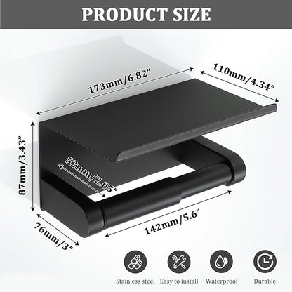 Alise Black Toilet Paper Holder,Bathroom Adhesive Toilet Paper Holder SUS304 Stainless Steel Toilet Paper Roll Holder with Shelf Spring Loaded Tissue Holder Wall Mount(Adhesive or Screw)