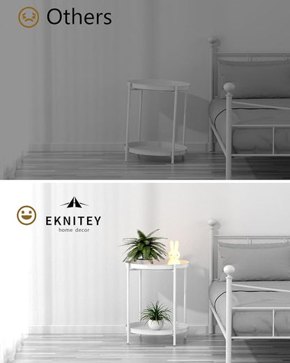 EKNITEY 2 Tier End Table - Metal Side Table Waterproof Small Sofa Coffee Side Tables Bedroom Indoor Outdoor with Removable Tray for Living Room Bedroom Balcony and Office (White)